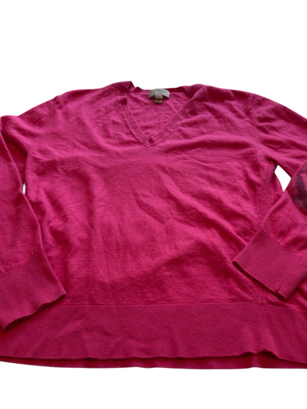 Burberry London Hot Pink Cashmere Sweater V Neck Elbow Patch Designer XL in EUC - Picture 3 of 7